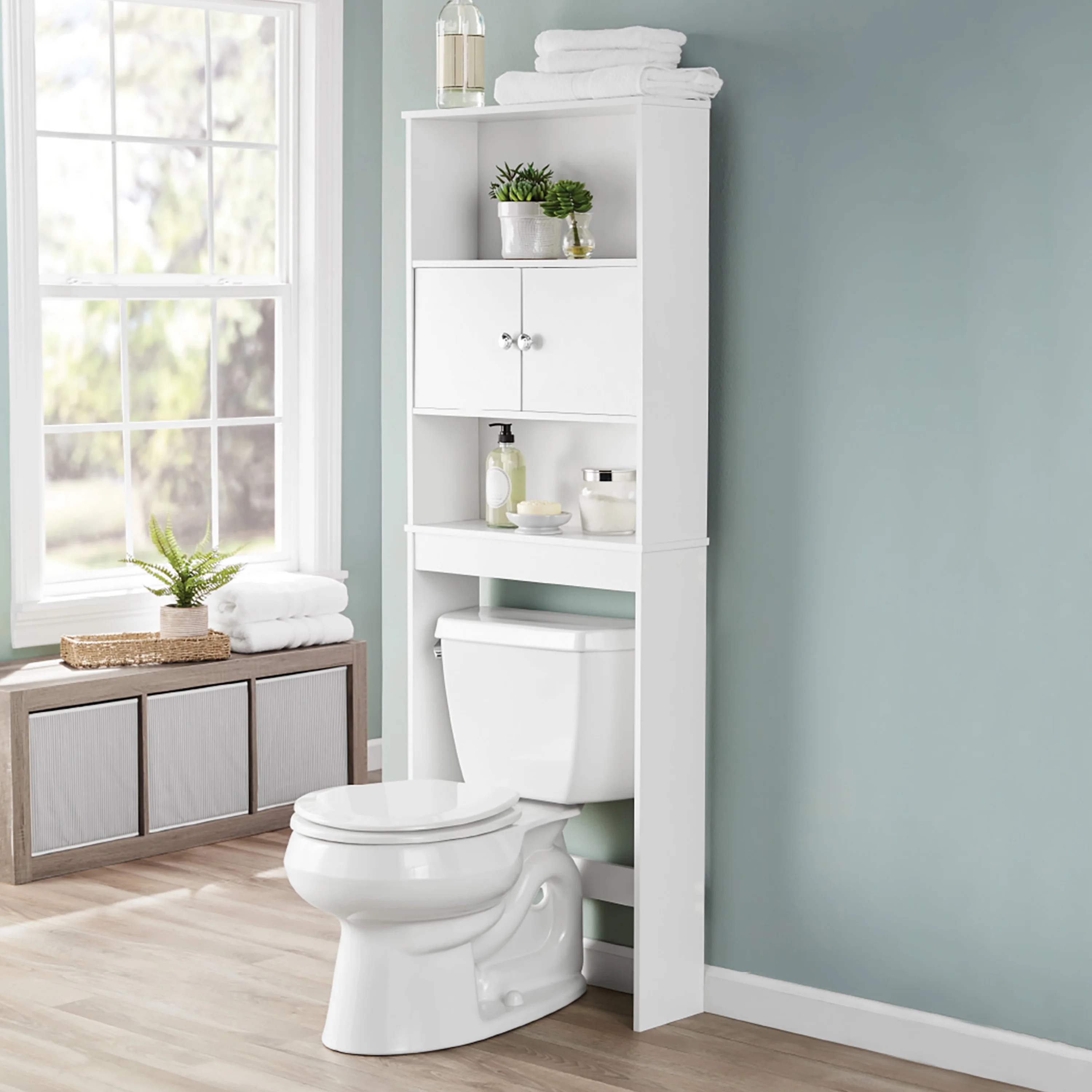 White Bathroom Space Saver with 3 Fixed Shelves, Mainstays over the Toilet Storage | Walmart (US)