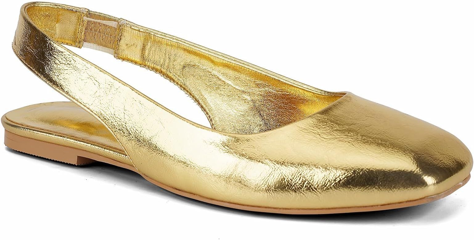 SIFINELAR Women Metallic Gold Square Toe Slingback Flats Shoes Comfort Slip On Casual Office Pump... | Amazon (US)