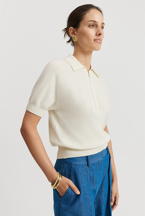 GCS-certified Cashmere Blend Zip-Through Knit Polo | Country Road