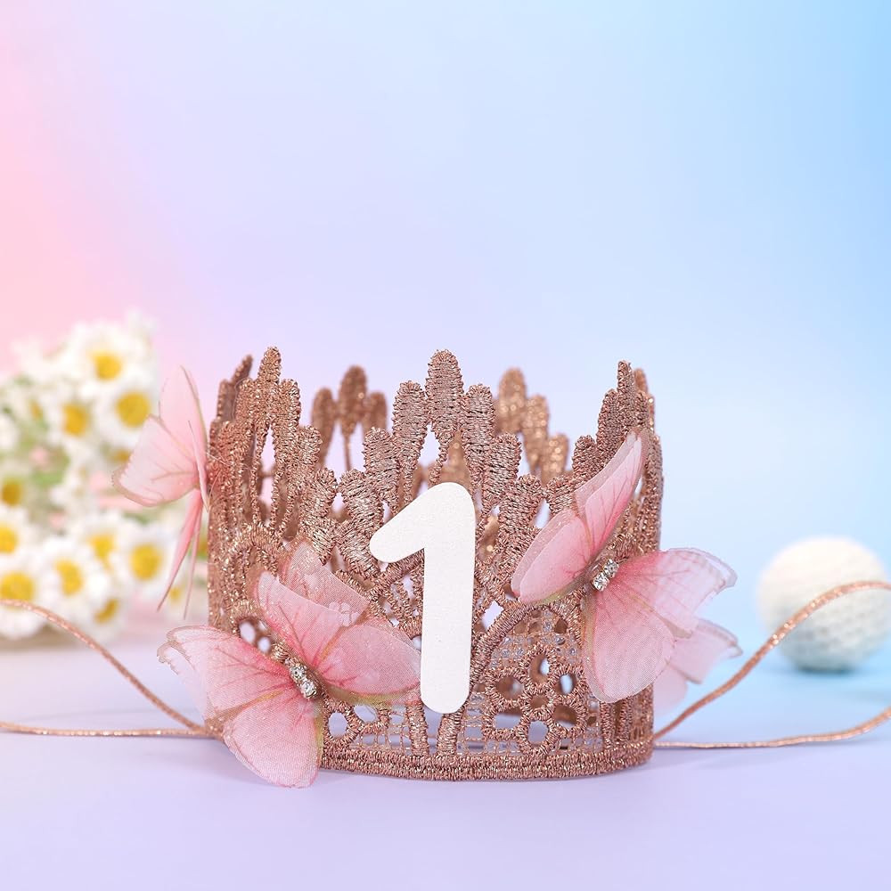 Gold Fairy Butterfly Lace 1st Birthday Crown - Lace Crown Headband for Baby Girls First Birthday ... | Amazon (US)