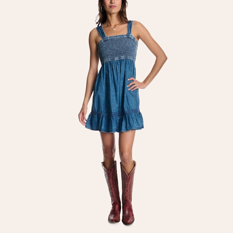 Angie Women's Smocked Tiered Sleeveless Denim Mini Dress | Cavender's