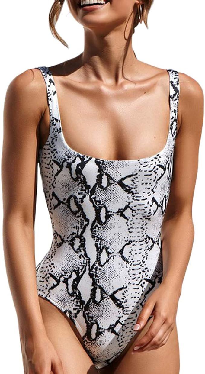 MOLFROA Womens Low Cut Square Neck Snake Leopard Printed Monokini Swimwear One Piece Swimsuits | Amazon (US)