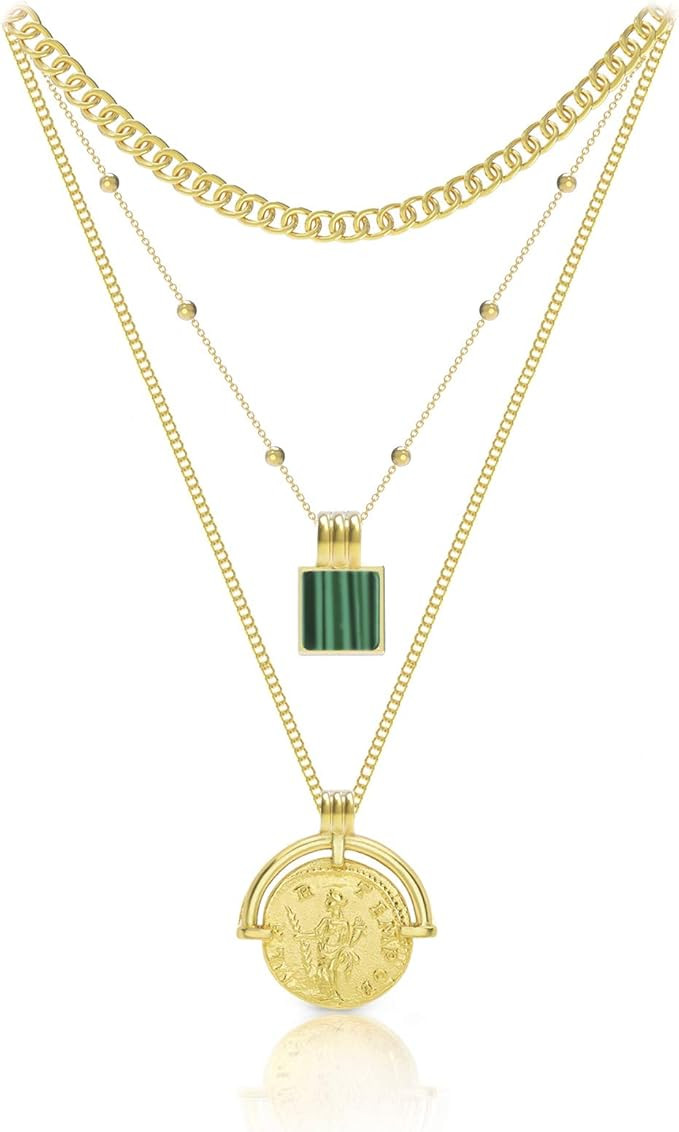 Gold Coin Necklace Green Gemstone Multi-Layered Necklaces for Women Cuban Chain Necklace | Amazon (US)