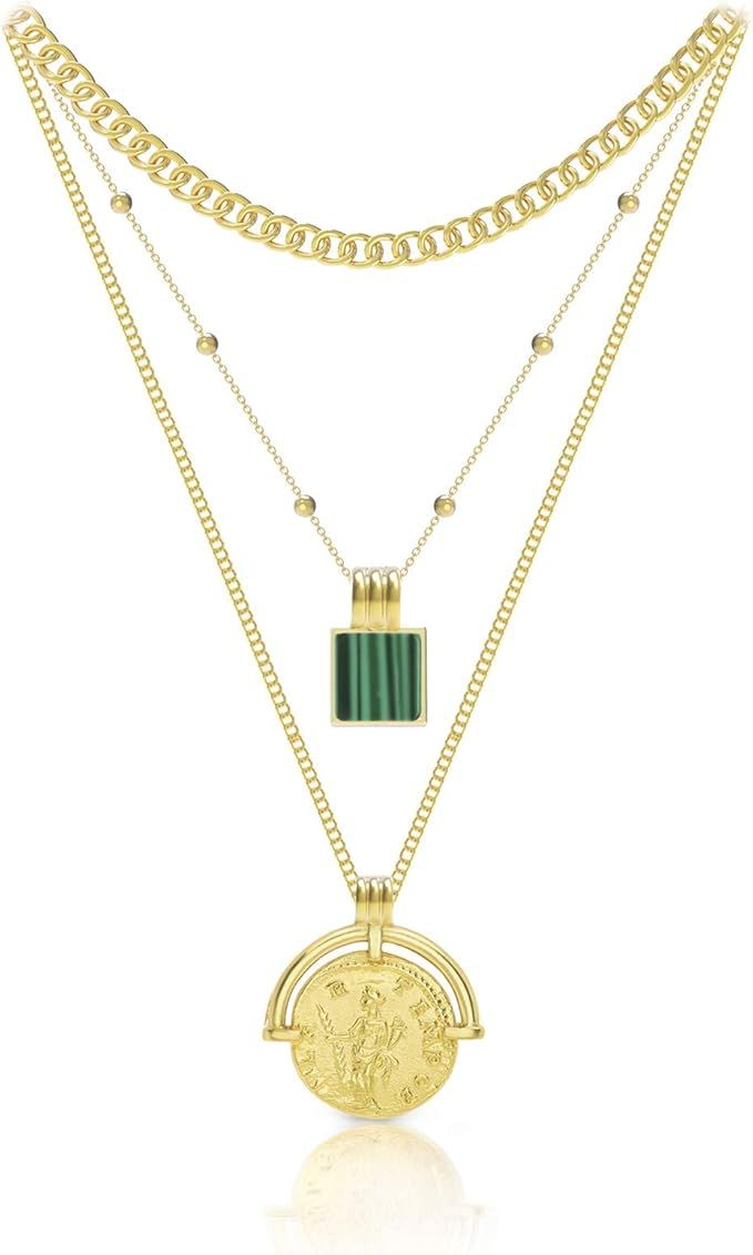 Gold Coin Necklace Green Gemstone Multi-Layered Necklaces for Women Cuban Chain Necklace | Amazon (US)