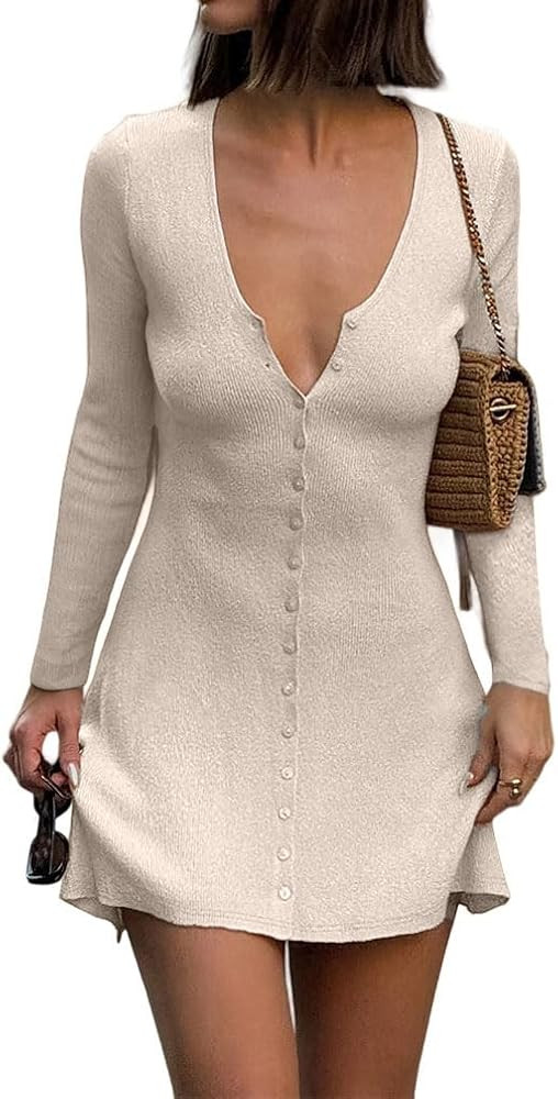 Women Sexy Deep V Neck Button Front Knit Mini Dress Elegant Long Sleeve Ribbed Flowy Hem A-Line S... | Amazon (US)