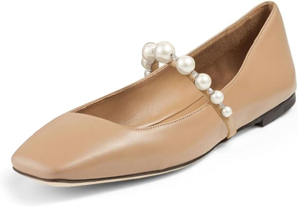 FOWT Women Square Toe Slip on Flats Pearl Studded Strap Elegant Pumps Wedding Bride Prom Dressy S... | Amazon (US)