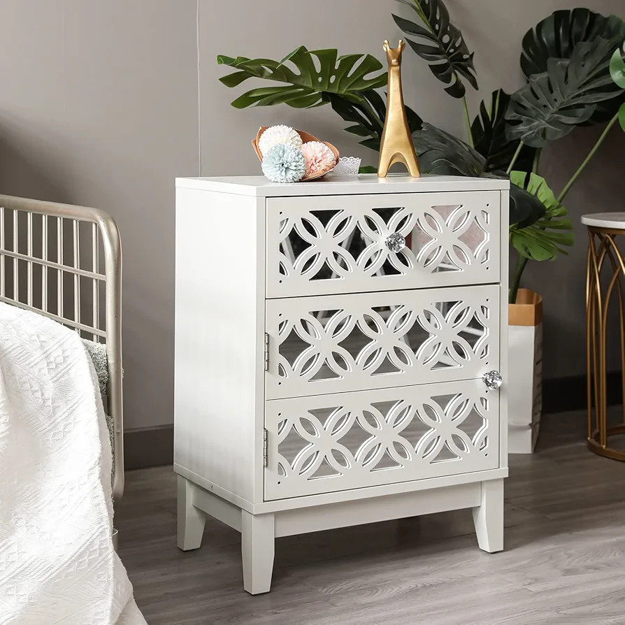 White Nightstand with Drawer, Mirrored Bedside Table with Cabinets, Carved Wood Nightstand for Be... | Amazon (US)