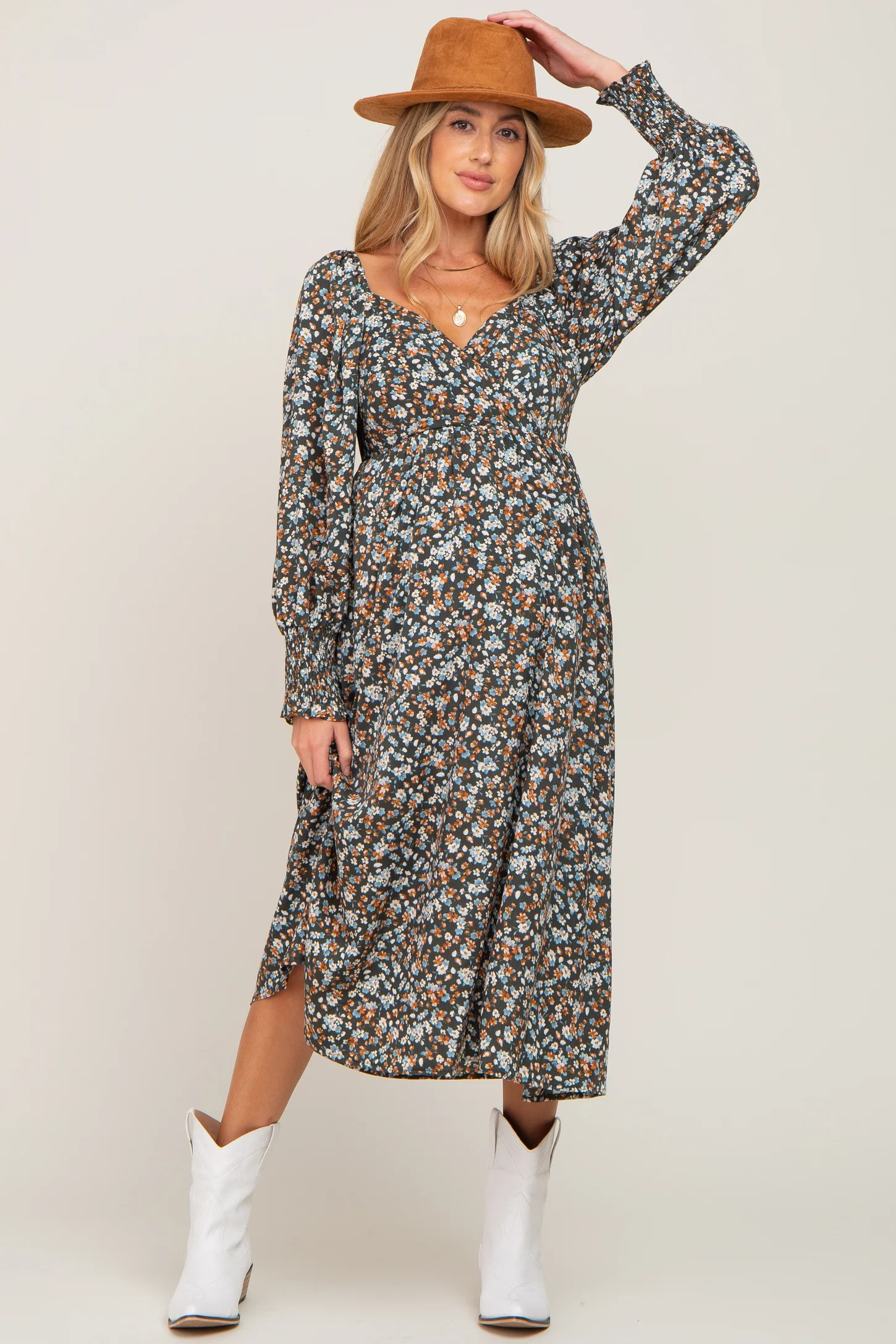 Forest Green Floral Maternity Midi Dress | PinkBlush Maternity