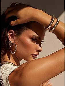 Gold Bangles for Women Chunky Stretch Bangles Bracelets Set 18K Gold Plated Stainless Steel Link ... | Amazon (US)