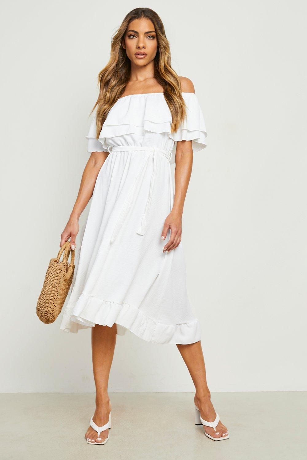 Womens Off The Shoulder Ruffle Midi Dress - White - 10 | Boohoo.com (US & CA)