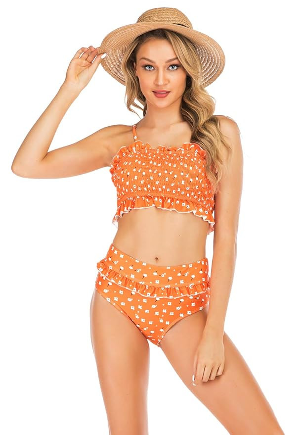 EJsoyo High Waisted Bikini Floral Swimsuit for Women Bandeau Bikini Top Flounce and Triangle Biki... | Amazon (US)