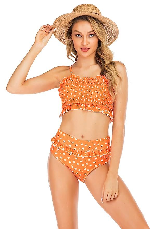 EJsoyo High Waisted Bikini Floral Swimsuit for Women Bandeau Bikini Top Flounce and Triangle Biki... | Amazon (US)