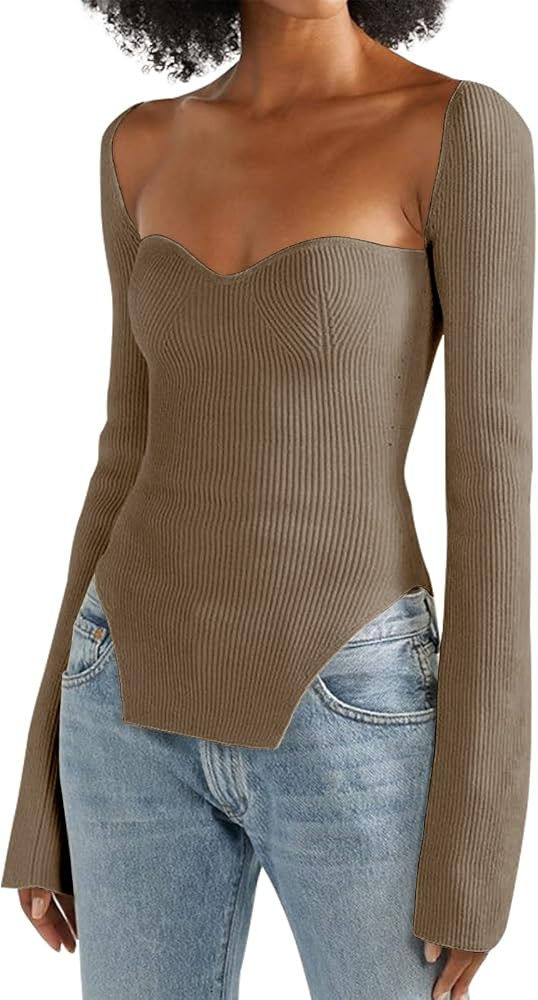 ACOSAP Women's Square Neck Ribbed Knitted Sweater Long Sleeve Crop Slim Fitted Basic Pullover Tops | Amazon (US)