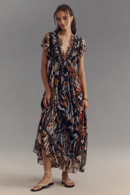 Maeve Short-Sleeve V-Neck Midi Dress | Anthropologie (US)