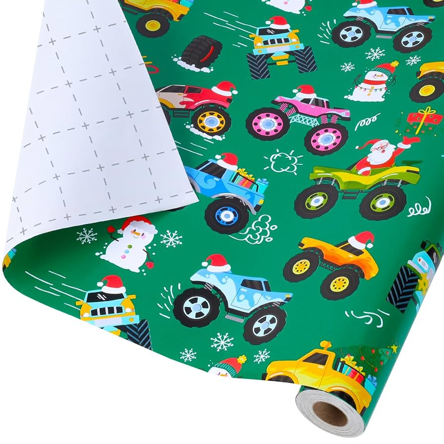 LaRibbons Monster Truck Christmas Wrapping Paper Mini Roll, Monster Truck, Santa and Christmas Tr... | Amazon (US)