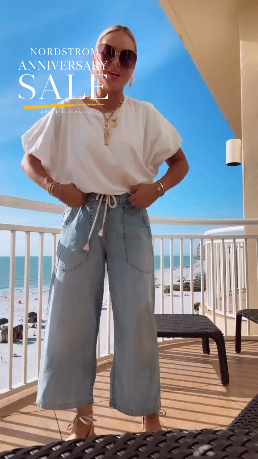 The best beachy jeans! Available on sale at the NSALE in a darker wash and white! I love this outfit! 🩵 Small in pants, med in top. Style. Summer outfit. Bubble tee. NSALE. Jeans.

#LTKootd #LTKSaleAlert #LTKSeasonal