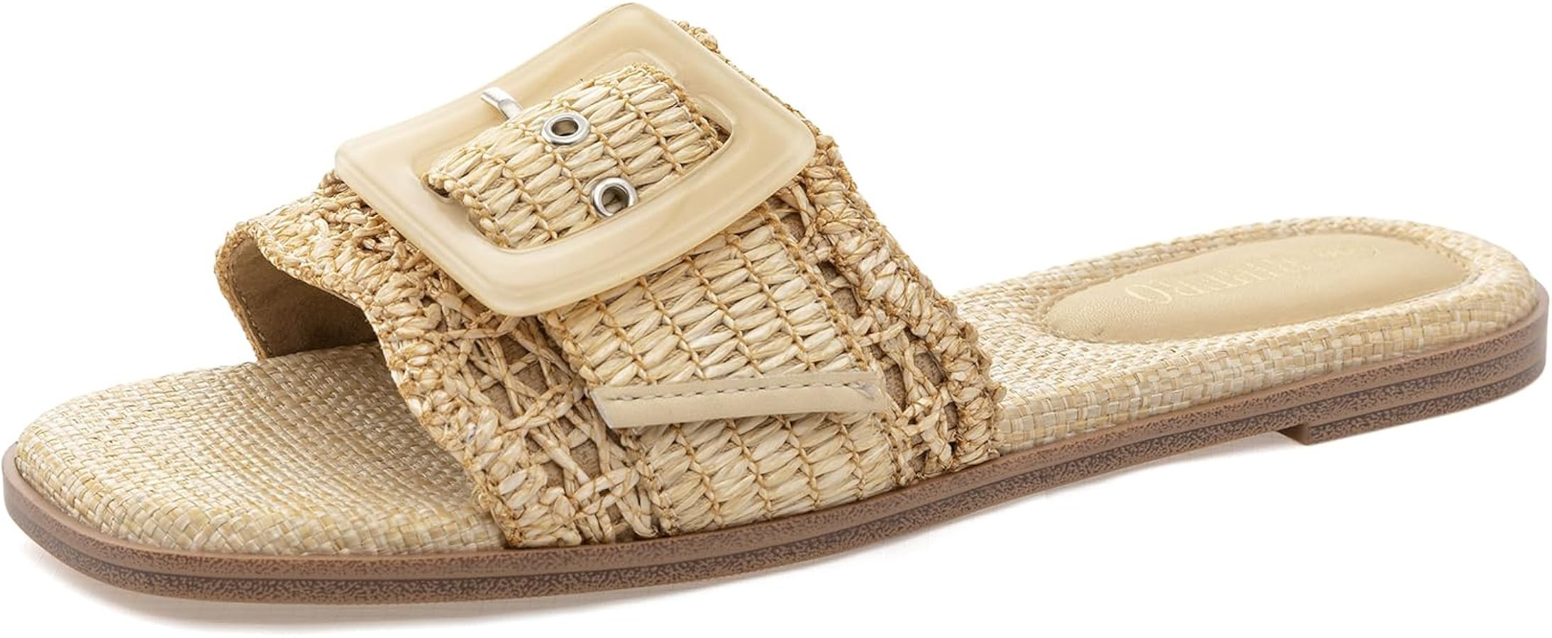 Rihero Women's Raffia Flat Sandals Square Open Toe Summer Beach Slip On Woven Buckle Slide Sandal... | Amazon (US)