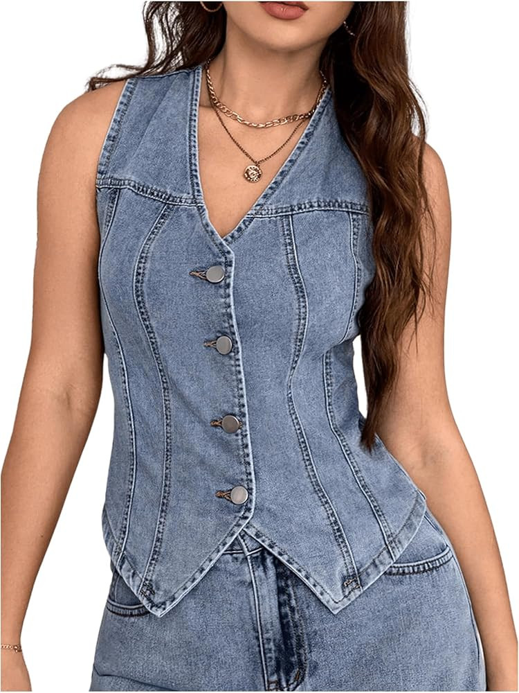 MakeMeChic Women's Denim Vest Tops Sleeveless Button Down V Neck Asymmetrical Hem Crop Jean Vest | Amazon (US)