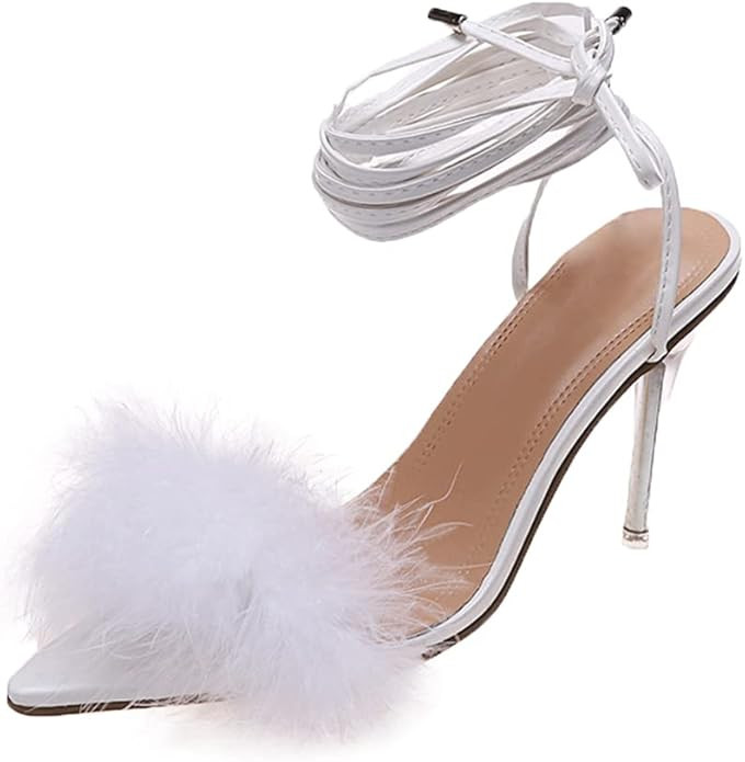 YIBLBOX Frauen Fluffy Feather High Heel Schuhe Stiletto Spitze Zehe Schnürung Sandale | Amazon (DE)