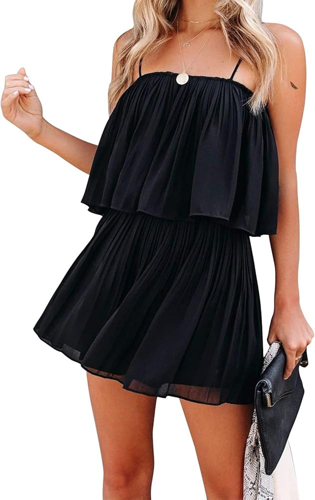 Exlura Womens Spaghetti Strap Pleated Short Jumpsuit Sleeveless Flowy Playsuit Rompers | Amazon (US)