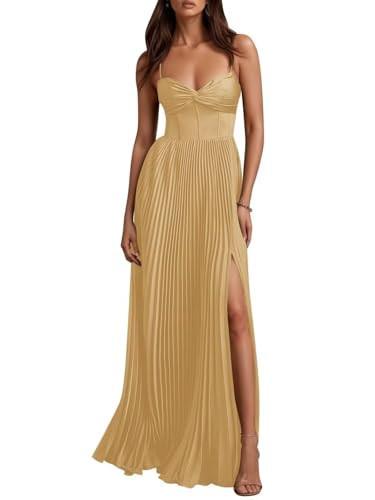 Spaghetti Straps Gold Bridesmaid Dresses Long for Women Flutter Pleated Slit Party Prom Dress for Formal Sweetheart Neck A Line Maxi Evening Gowns US2 | Amazon (US)
