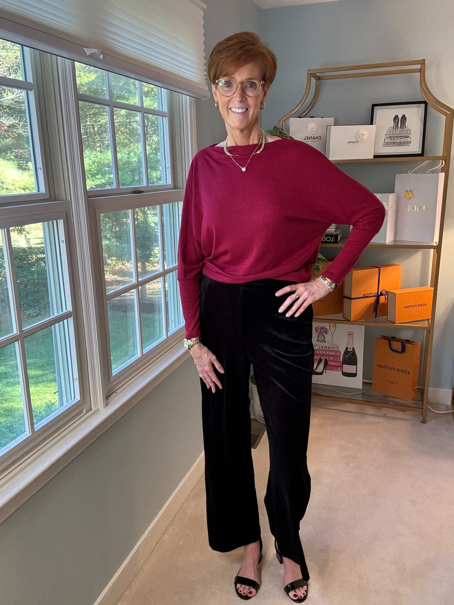 Gibsonlook for the fall and for the holidays.

* Cranberry Long Sleeve Soft Boat Neck Top: Rich in color and cozy in texture, a fall wardrobe essential.
* Black Velvet Trousers: Luxe and sophisticated, these trousers are perfect for adding a touch of elegance to any outfit.

Wearing a medium in the top and a large in the pants. Too big. Would have been better in medium pants.

#LTKOver40 #LTKHoliday #LTKStyleTip
