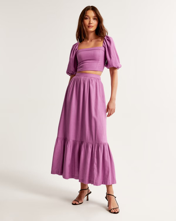 Women's Off-The-Shoulder Ruffle Midi Dress | Women's New Arrivals | Abercrombie.com | Abercrombie & Fitch (US)