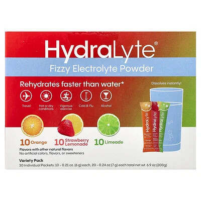Hydralyte, Fizzy Electrolyte Powder, Variety Pack, Orange, Strawberry Lemonade, Limeade, 30 Individual Packets, 6.9 oz (200 g) | iHerb