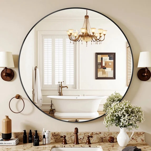 Antok 30"x30" Round Wall Mirror, Metal Framed Bathroom Vanity Mirror, Black | Walmart (US)