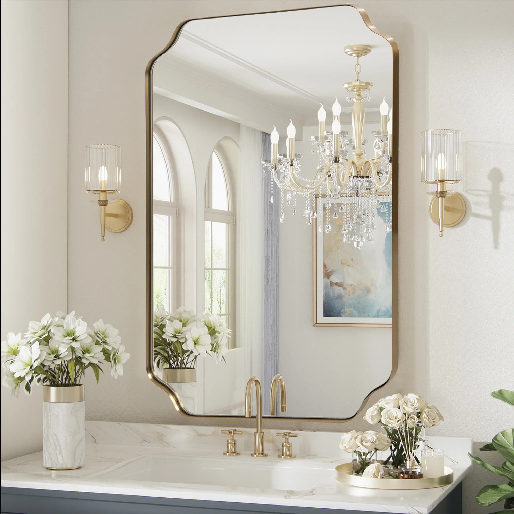 Rectangular Bathroom Vanity Mirror with Scalloped Corners – Stainless Steel Frame | Wayfair North America