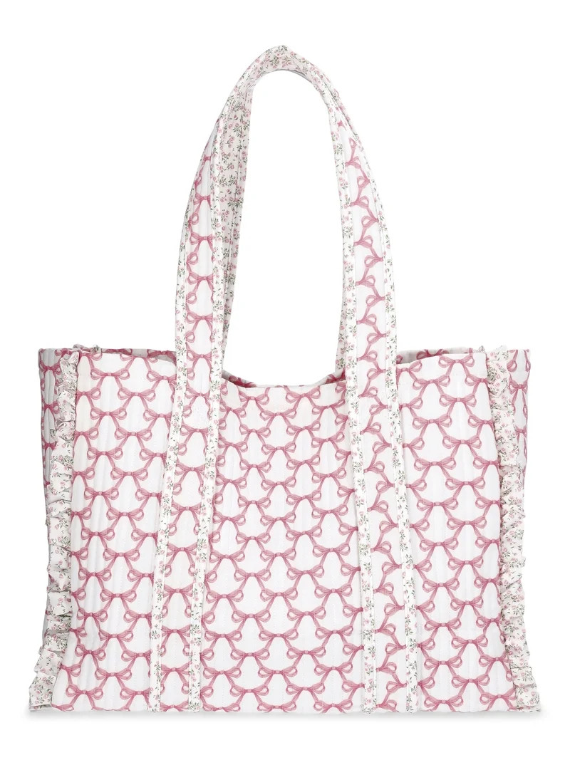 No Boundaries Women's Quilted Tote Bag, Pink Jubilee Bow/Floral | Walmart (US)