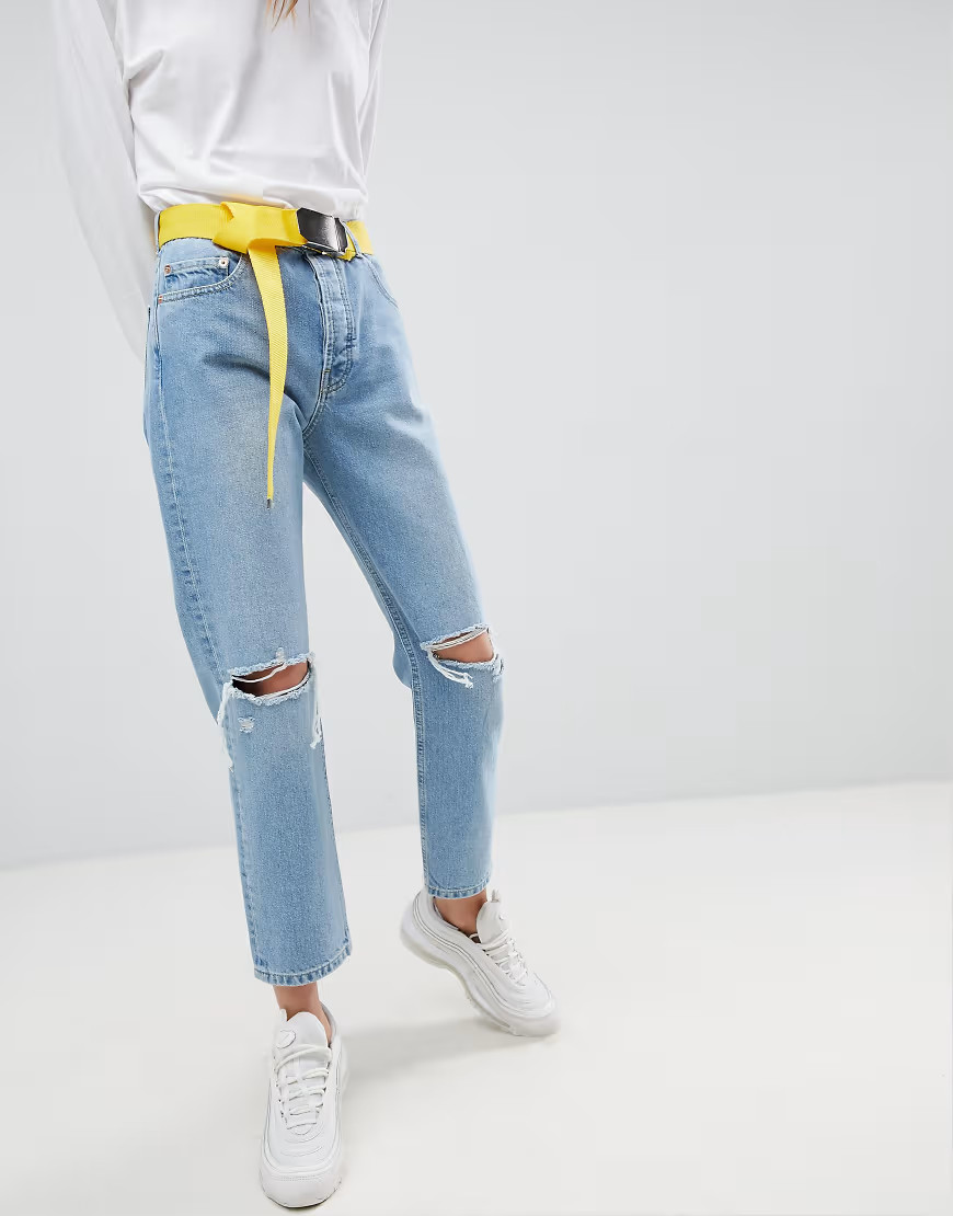ASOS DESIGN florence authentic straight leg jeans in pretty wash with belt-Blue | ASOS (Global)