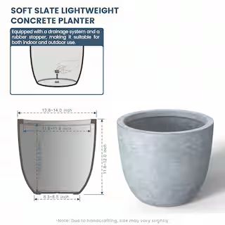 Sapcrete Lightweight 14in. x 12in. Soft Slate Extra Large Tall Round Concrete Plant Pot / Planter... | The Home Depot