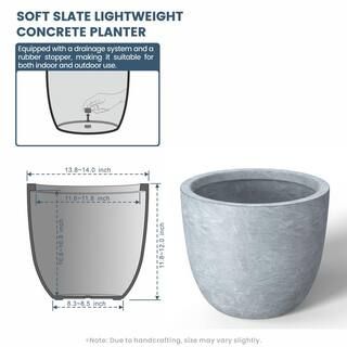 Sapcrete Lightweight 14in. x 12in. Soft Slate Extra Large Tall Round Concrete Plant Pot / Planter... | The Home Depot