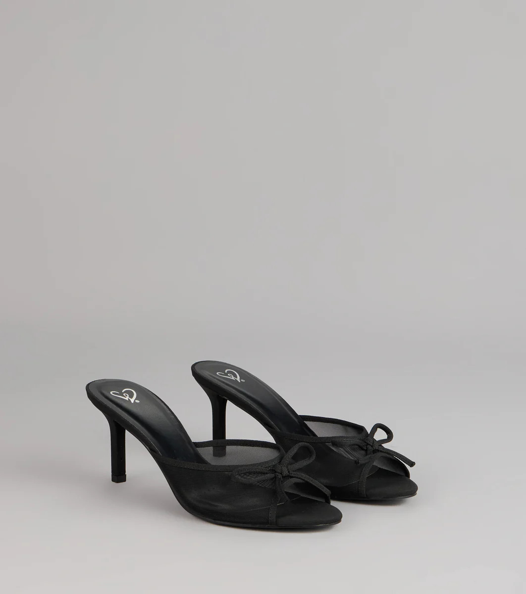 Polished Sweet Bow Detail Mesh Mule Heels | Windsor Stores