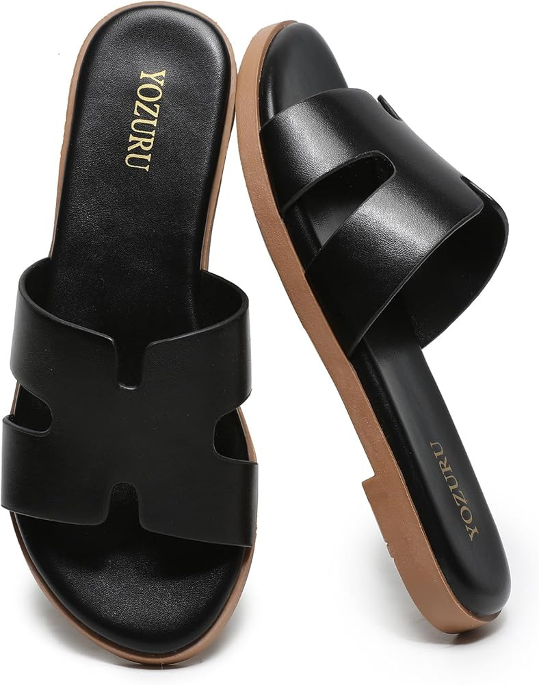 Yozuru Womens Flat Sandals Open Toe Dressy Summer Sandals Comfortable Casual Slip on Leather Slid... | Amazon (US)