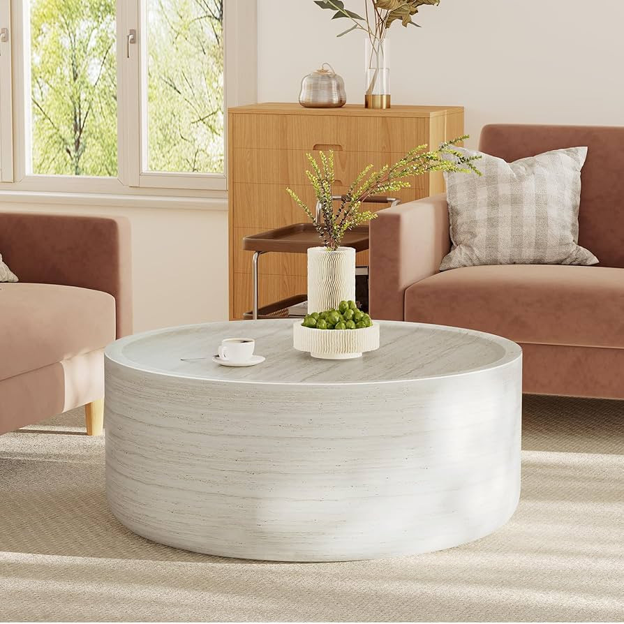 31.5“ Round Coffee Table Faux Marble Drum Coffee Table Modern Circle Coffee Tables, Fiberglass ... | Amazon (US)