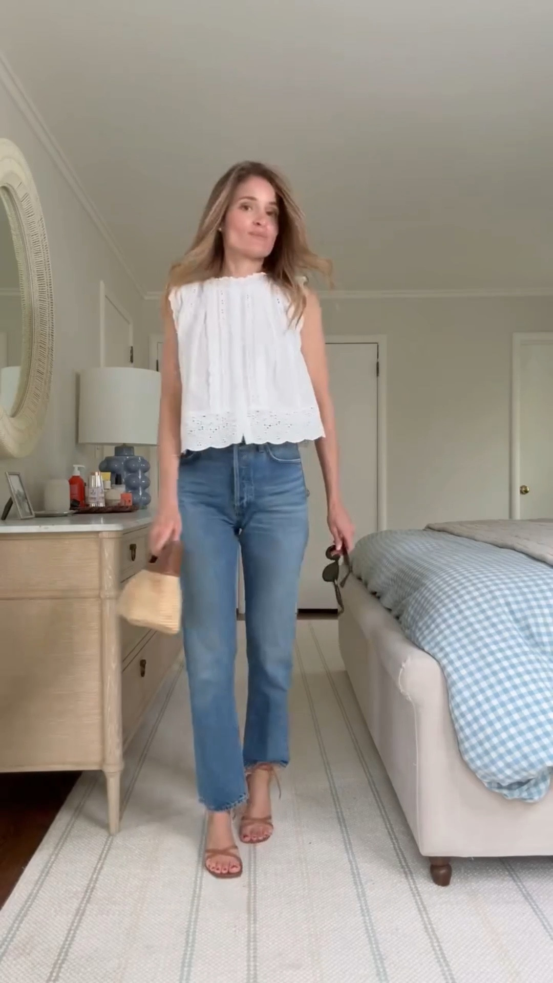 Thursday ootd 🤍 love this simple outfit formula - a white summer blouse, straight leg jeans, wrap sandals and a fun raffia clutch for texture! 

✨My top is $26 (!!!) but the fit and eyelet/scallop details look and feels way more 🤌🏻 

Everyone asks if the top is sheer and I lm happy to say it’s not sheer at all! 

Sizing: tank: wearing a size small, Jean: wearing my true size, 25, sandals: wearing a size 37 (tts)

❤️ follow for easy everyday outfit ideas that are comfortable, practical and make you feel effortlessly chic. 

#ootd #everydaystyle #outfitinspo #outfitinspiration #springoutfit

#LTKgrwm #LTKootd #LTKSeasonal