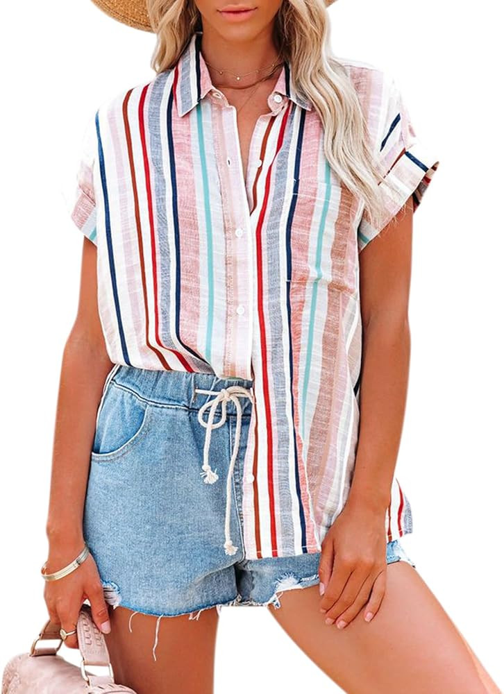 Womens Button Down Shirts Short Sleeve Summer Linen V Neck Collared Stripes Casual Blouses Tops w... | Amazon (US)