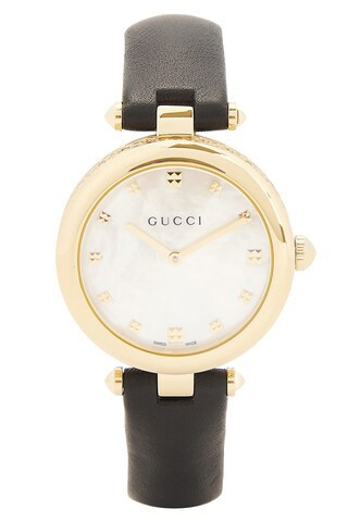 Gucci White Mother Of Pearl Dial Leather Strap Watch in Black - Black. Size all. | FWRD 