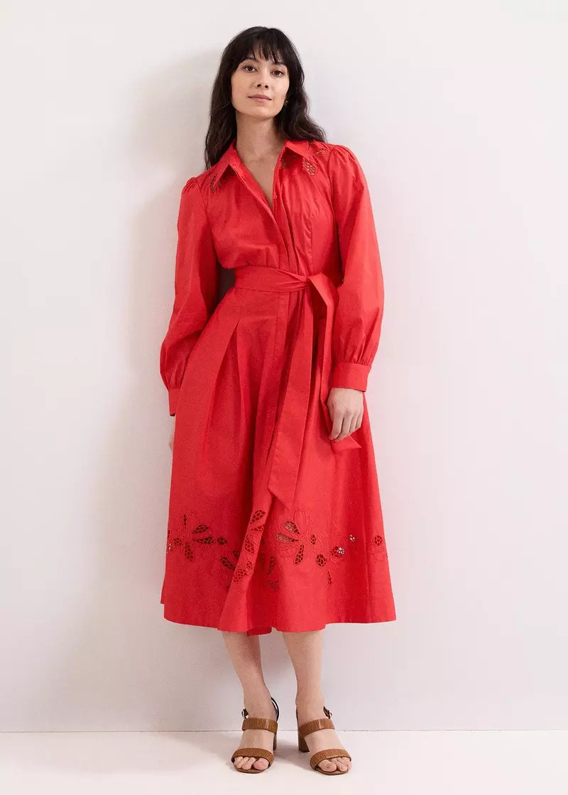 Kim Red Floral Cutwork Shirt Midi Dress | Phase Eight UK | | Phase Eight