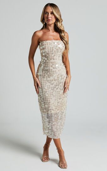 Stacey Midi Dress- Strapless Sequin Dress in Champagne | Showpo (US, UK & Europe)