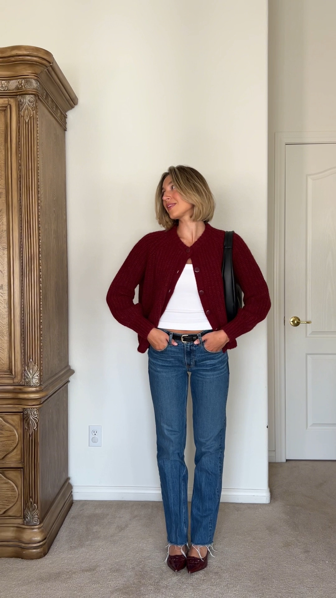Fall outfit, fall style, red cardigan, burgundy cardigan, red sweater, straight jeans, straight denim, kitten heels, red heels 

#LTKSeasonal #LTKVideo #LTKStyleTip