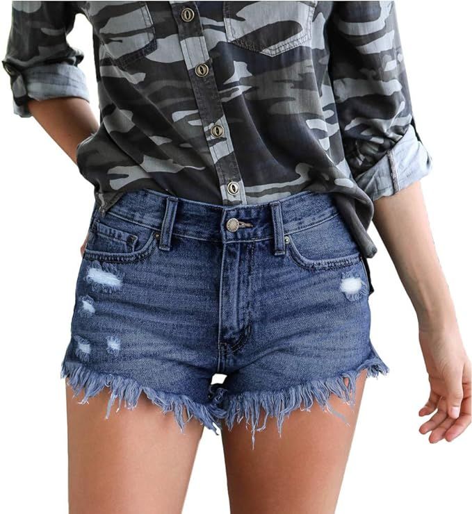 Blostirno Women's Mid Rise Waisted Denim Shorts Cuffed Hem Ripped Jean Short Elastic Pants with P... | Amazon (US)