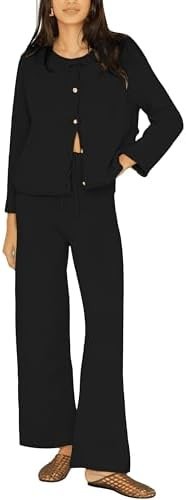 Women’s Knit Lounge Set Button Cardigan Top Wide Leg Pants Relaxed Fit Fall Winter Outfit | Amazon (US)