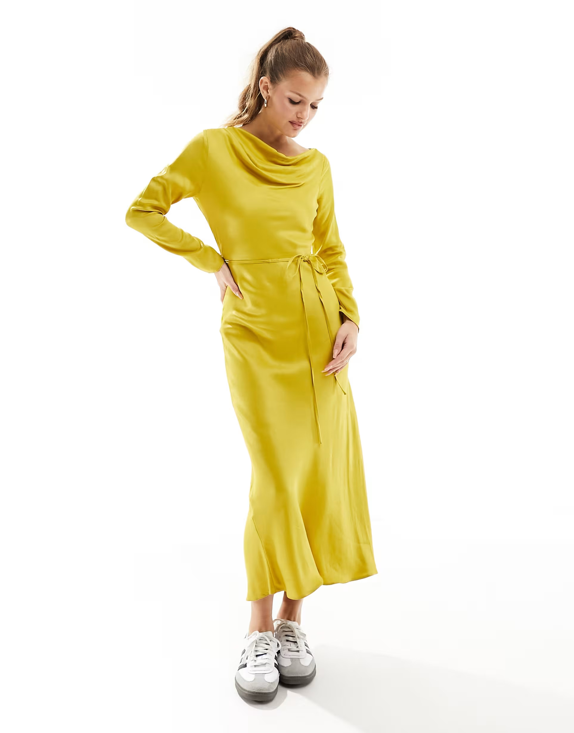 River Island Petite long sleeve seam detail midi dress in yellow | ASOS (Global)
