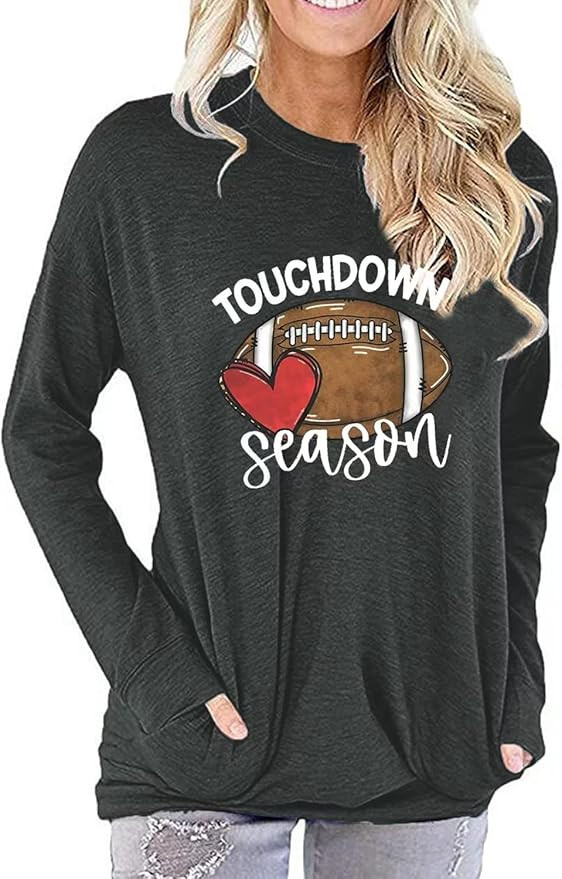 Game Day Shirt Women Cute Football T Shirt Rugby Ball Graphic Tee Tops Long Sleeve Sweatshirt | Amazon (US)