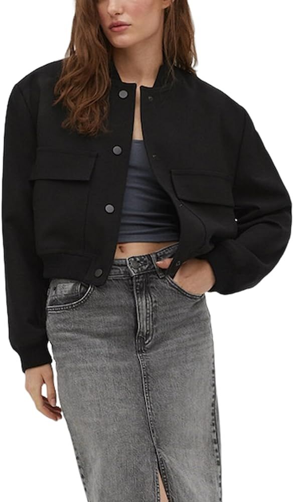 Ameliever Cropped Bomber Jacket Women Button down Baseball Varsity Jacket with Pockets | Amazon (US)