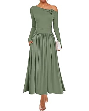 ZESICA Women's 2025 Fall Long Sleeve Off Shoulder Maxi Dress Pleated Elegant Formal Wedding Guest... | Amazon (US)