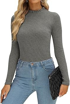 PINKMSTYLE Womens Long Sleeve Ruffle Mock Neck Bodysuit Jumpsuit Ribbed Slim Fit Tops Business Ca... | Amazon (US)